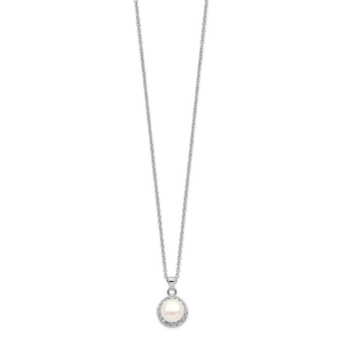 925 Sterling Silver 7mm White Button Freshwater Cultured Pearl Cubic Zirconia CZ Necklace Chain