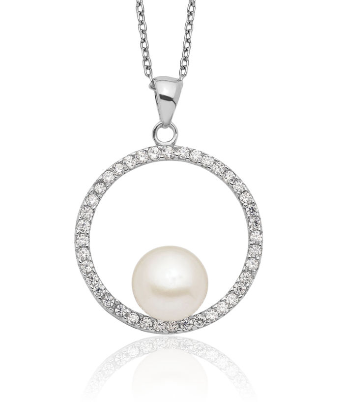 925 Sterling Silver 8mm White Button Freshwater Cultured Pearl Cubic Zirconia CZ Necklace Chain