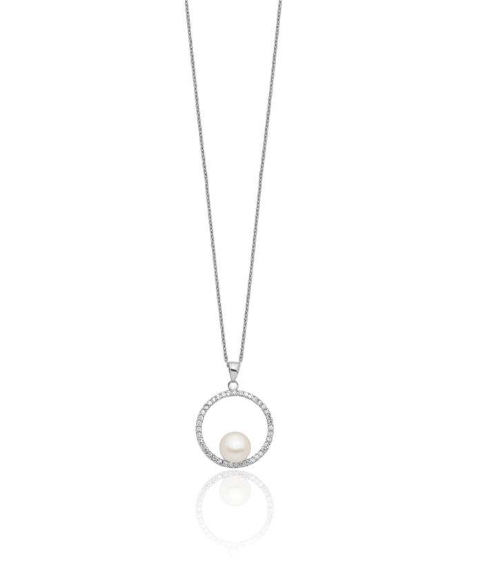 925 Sterling Silver 8mm White Button Freshwater Cultured Pearl Cubic Zirconia CZ Necklace Chain