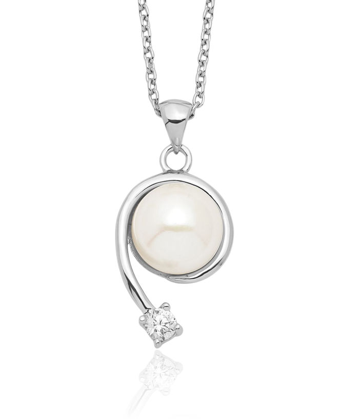 925 Sterling Silver 8mm White Button Freshwater Cultured Pearl Cubic Zirconia CZ Necklace Chain