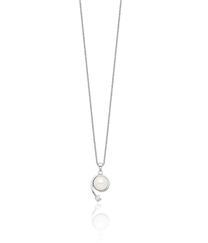 925 Sterling Silver 8mm White Button Freshwater Cultured Pearl Cubic Zirconia CZ Necklace Chain