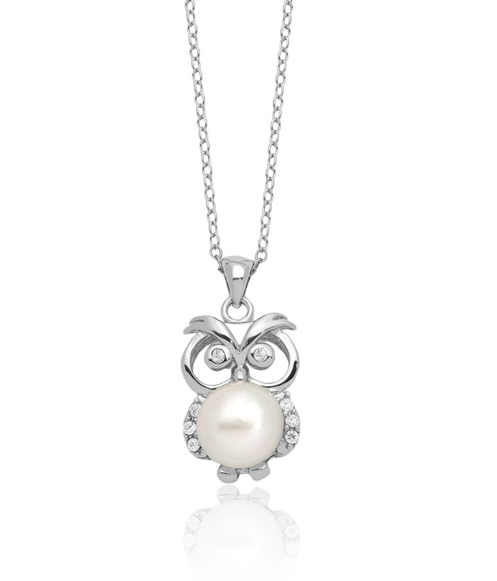 925 Sterling Silver 8mm White Button Freshwater Cultured Pearl Cubic Zirconia CZ Owl Symbol of Wisdom Bird Necklace Chain