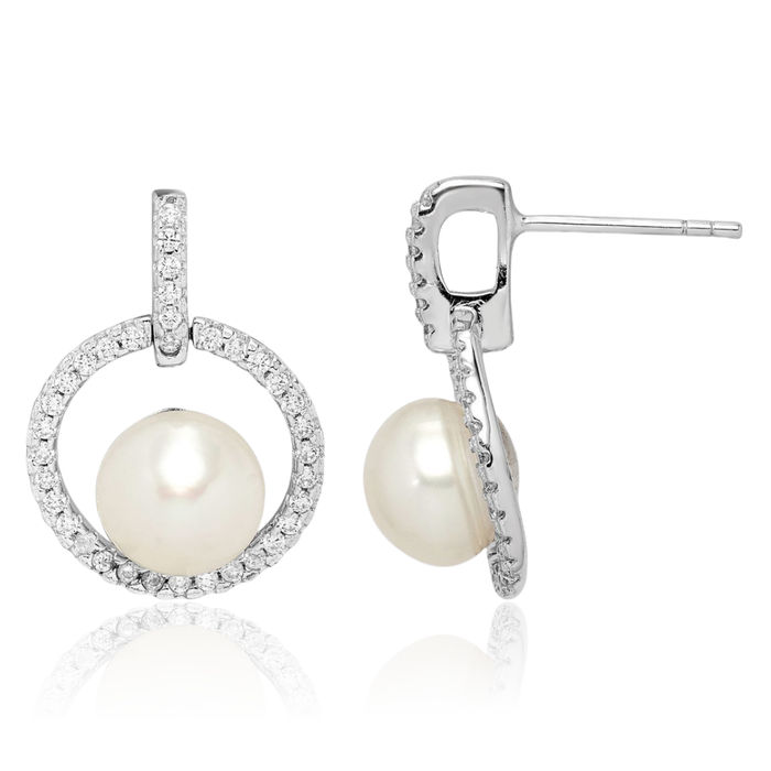 925 Sterling Silver 8mm White Button Freshwater Cultured Pearl Cubic Zirconia CZ Post Drop Dangle Earrings