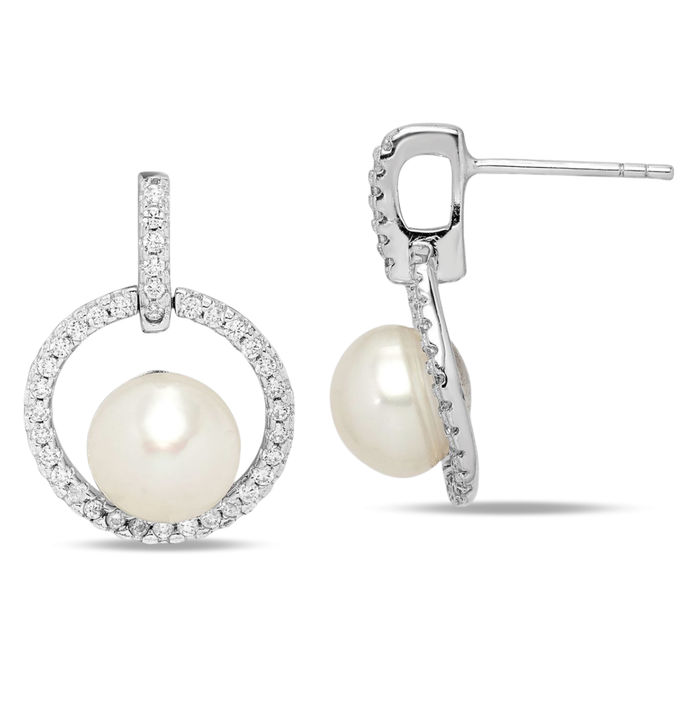 925 Sterling Silver 8mm White Button Freshwater Cultured Pearl Cubic Zirconia CZ Post Drop Dangle Earrings