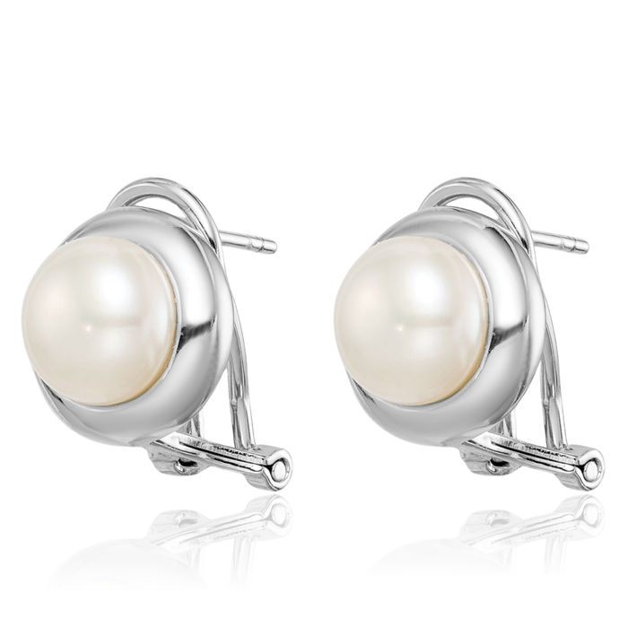 925 Sterling Silver 8mm White Button Freshwater Cultured Pearl Omega Clip Back Post Stud Earrings