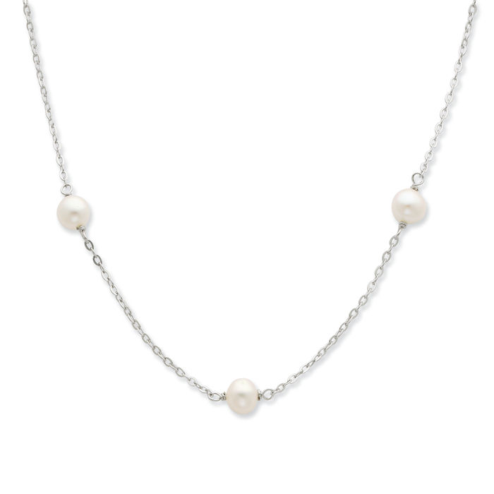 925 Sterling Silver 7mm White Near Round Freshwater Cultured Pearl 7 Station Necklace Chain