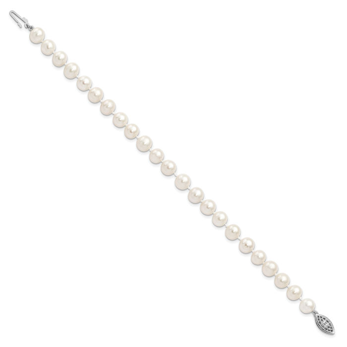 925 Sterling Silver 7mm White Near Round Freshwater Cultured Pearl Chain Bracelet