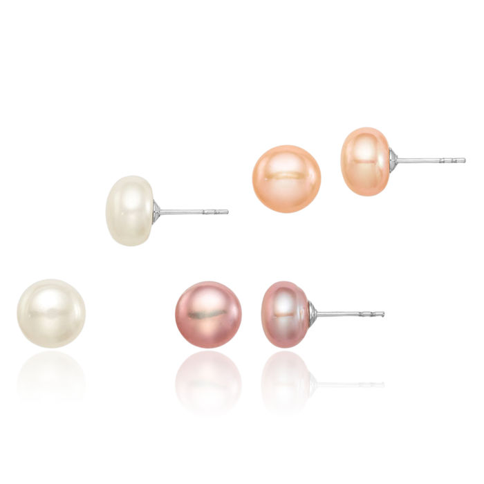 925 Sterling Silver 8mm White Pink Purple Button Freshwater Cultured Pearl Set of 3 Stud Earrings