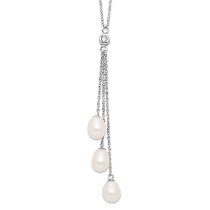 925 Sterling Silver 7mm White Teardrop Freshwater Cultured Pearl Cubic Zirconia CZ Drop Necklace Chain