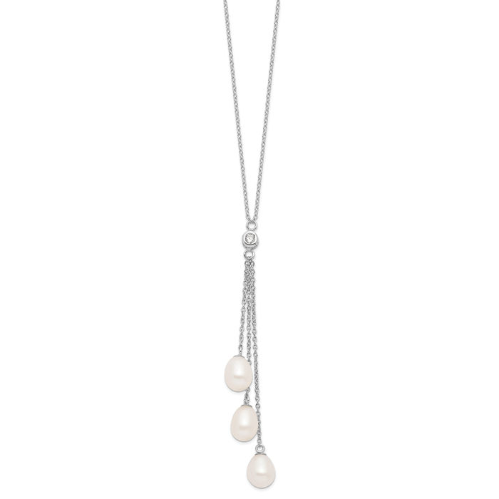 925 Sterling Silver 7mm White Teardrop Freshwater Cultured Pearl Cubic Zirconia CZ Drop Necklace Chain