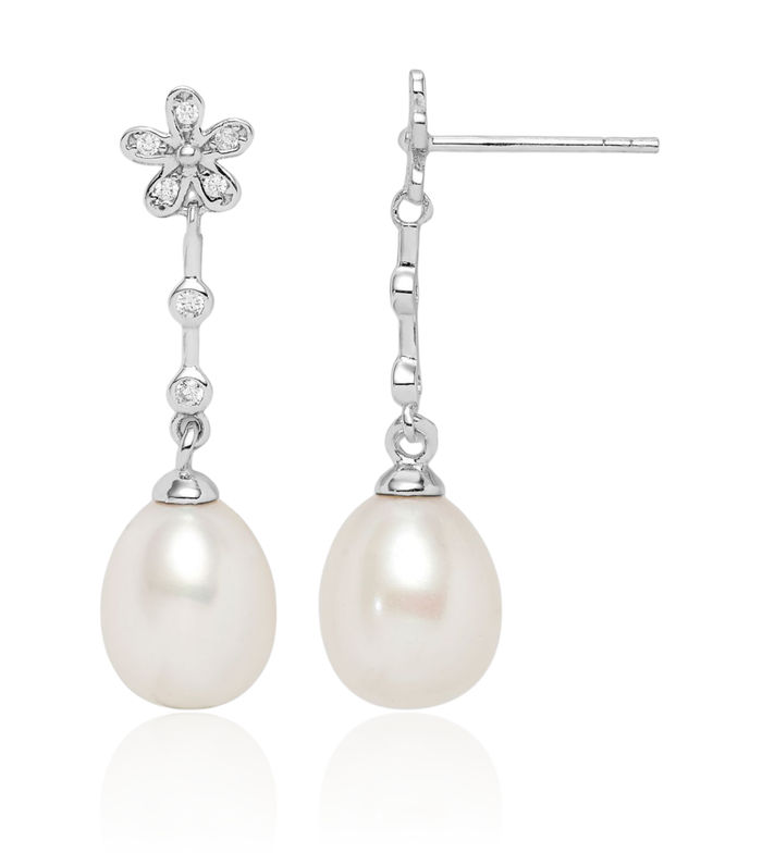 925 Sterling Silver 8mm White Rice Freshwater Cultured Pearl Cubic Zirconia CZ Flower Post Drop Dangle Earrings