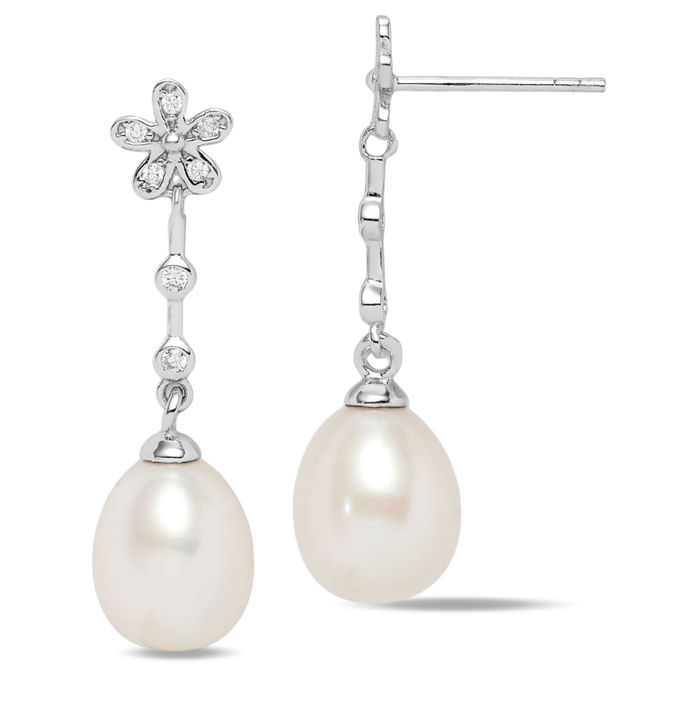 925 Sterling Silver 8mm White Rice Freshwater Cultured Pearl Cubic Zirconia CZ Flower Post Drop Dangle Earrings