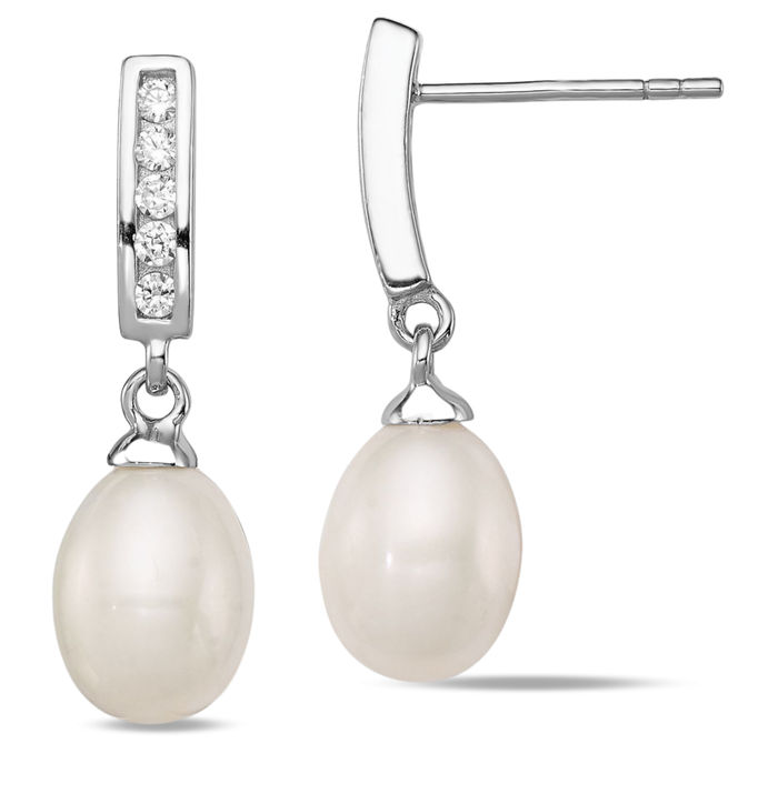 925 Sterling Silver 8mm White Rice Freshwater Cultured Pearl Cubic Zirconia CZ Post Drop Dangle Earrings