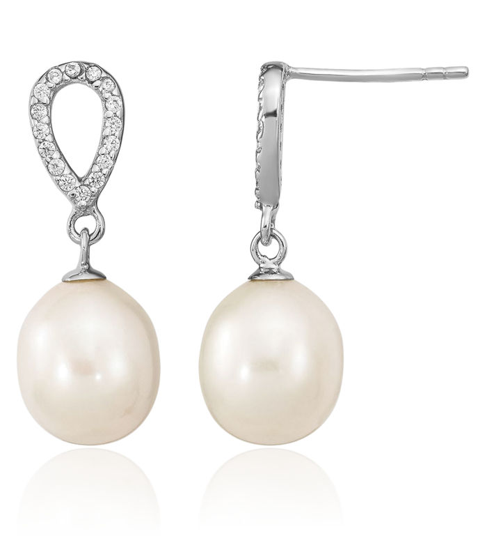 925 Sterling Silver 8mm White Rice Freshwater Cultured Pearl Cubic Zirconia CZ Post Drop Dangle Earrings