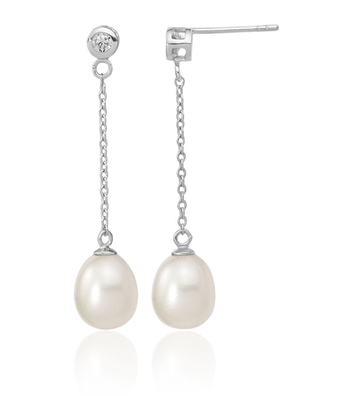 925 Sterling Silver 8mm White Rice Freshwater Cultured Pearl Cubic Zirconia CZ Post Drop Dangle Earrings