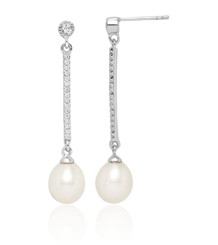 925 Sterling Silver 8mm White Rice Freshwater Cultured Pearl Cubic Zirconia CZ Post Drop Dangle Earrings