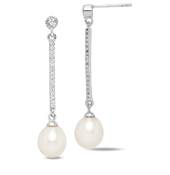 925 Sterling Silver 8mm White Rice Freshwater Cultured Pearl Cubic Zirconia CZ Post Drop Dangle Earrings