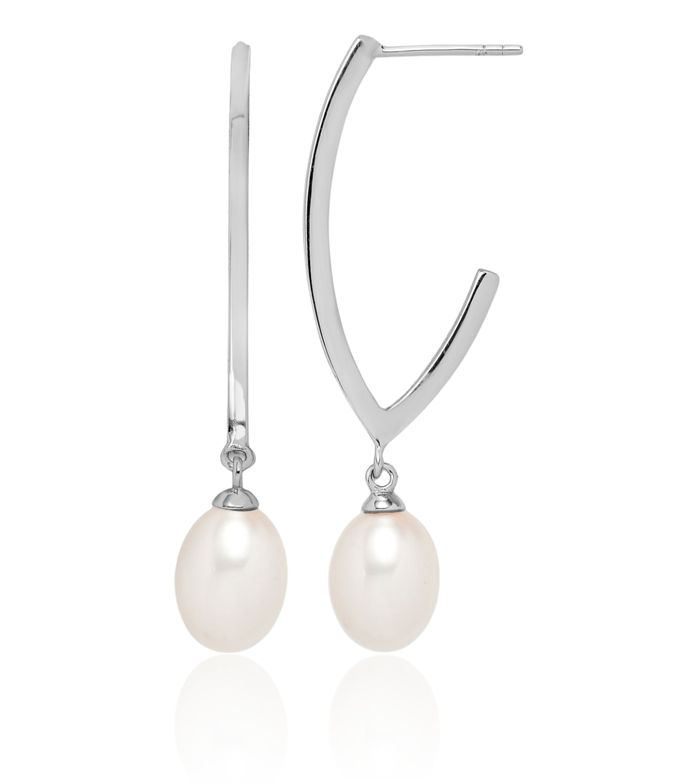 925 Sterling Silver 8mm White Rice Freshwater Cultured Pearl Post Drop Dangle Earrings