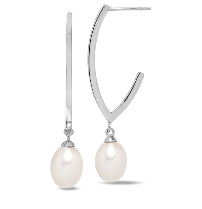 925 Sterling Silver 8mm White Rice Freshwater Cultured Pearl Post Drop Dangle Earrings