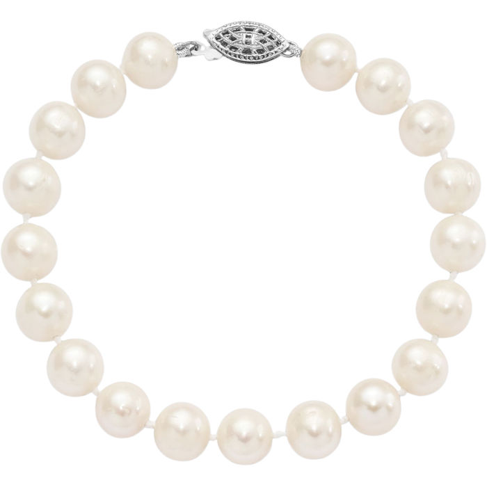 925 Sterling Silver 8mm White Near Round Freshwater Cultured Pearl Chain Bracelet