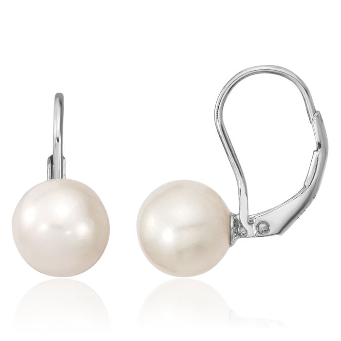 925 Sterling Silver 8mm White Round Freshwater Cultured Pearl Drop Dangle Earrings