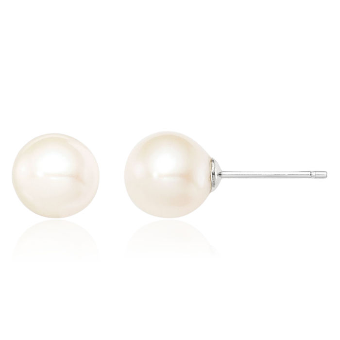 925 Sterling Silver 8mm White Round Freshwater Cultured Pearl Stud Earrings