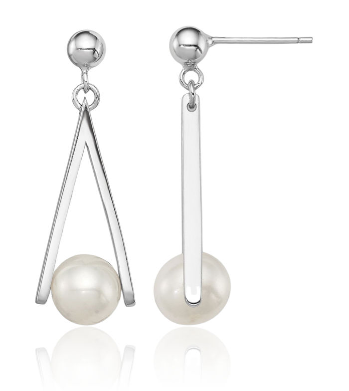 925 Sterling Silver 8mm White Round Freshwater Cultured Pearl Triangle Post Drop Dangle Earrings