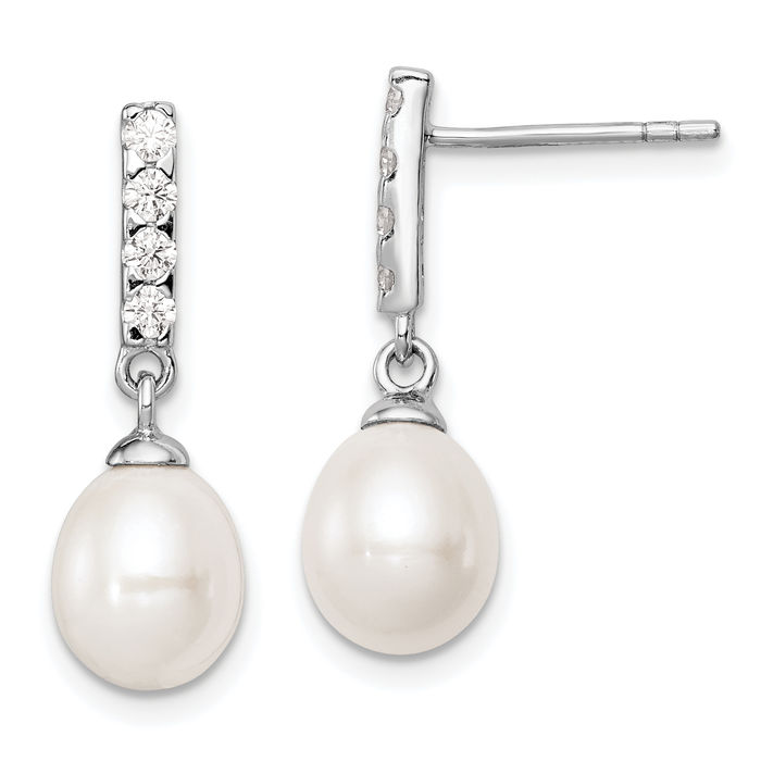 925 Sterling Silver 8mm White Teardrop Freshwater Cultured Pearl Cubic Zirconia CZ Line Bar Drop Dangle Earrings