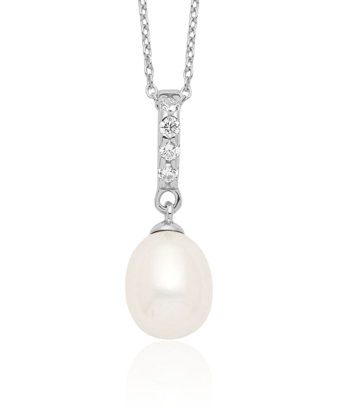 925 Sterling Silver 8mm White Teardrop Freshwater Cultured Pearl Cubic Zirconia CZ Necklace Chain