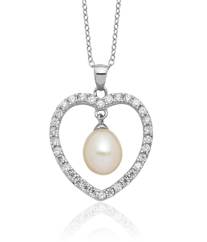 925 Sterling Silver 8mm White Teardrop Freshwater Cultured Pearl Cubic Zirconia CZ Heart Necklace Love Pendant Friendship Charm Chain