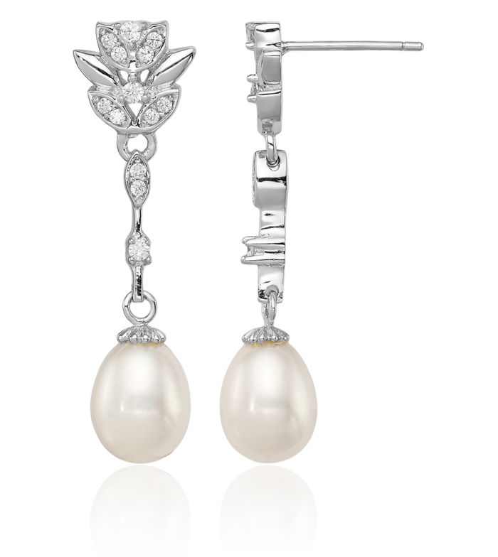 925 Sterling Silver 8mm White Teardrop Freshwater Cultured Pearl Cubic Zirconia CZ Post Drop Dangle Earrings