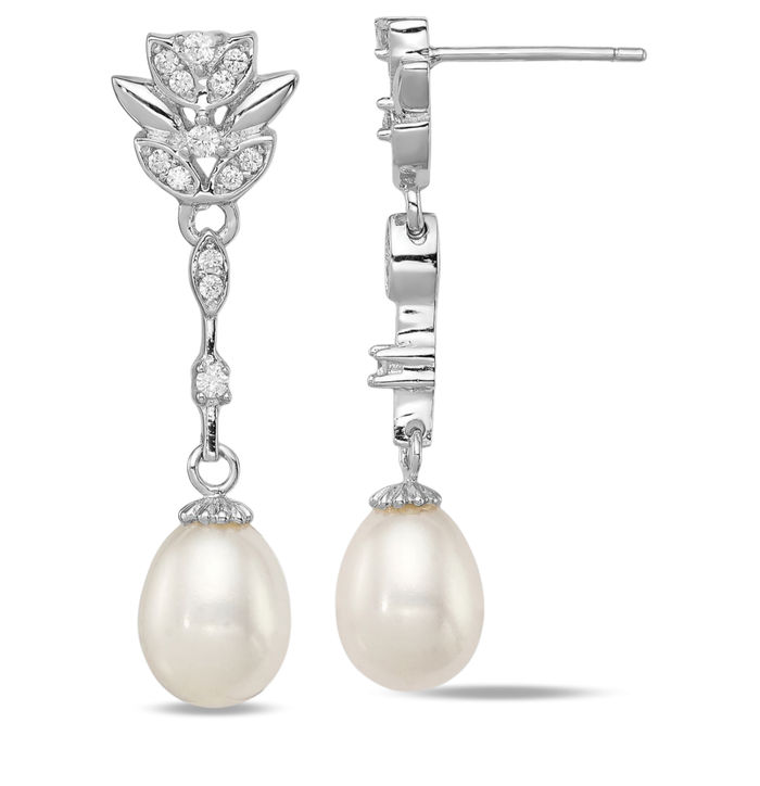 925 Sterling Silver 8mm White Teardrop Freshwater Cultured Pearl Cubic Zirconia CZ Post Drop Dangle Earrings