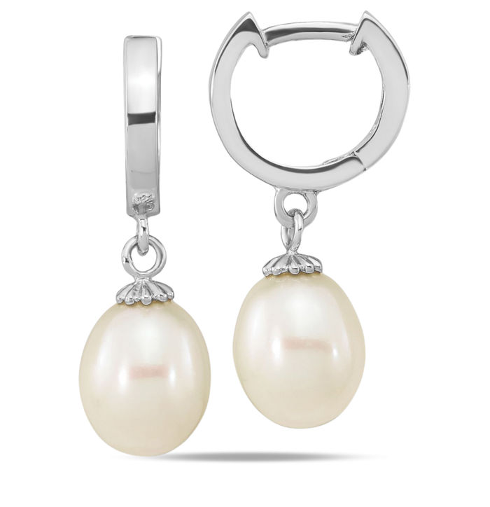 925 Sterling Silver 8mm White Teardrop Freshwater Cultured Pearl Medium Huggie Hoop Drop Dangle Earrings