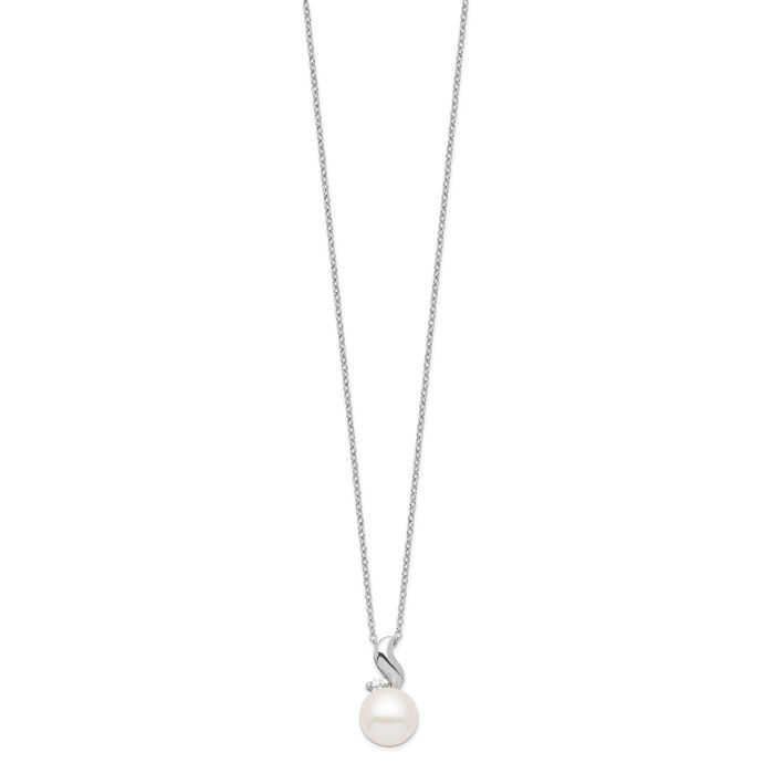 925 Sterling Silver 9mm White Button Freshwater Cultured Pearl Cubic Zirconia CZ Necklace Chain