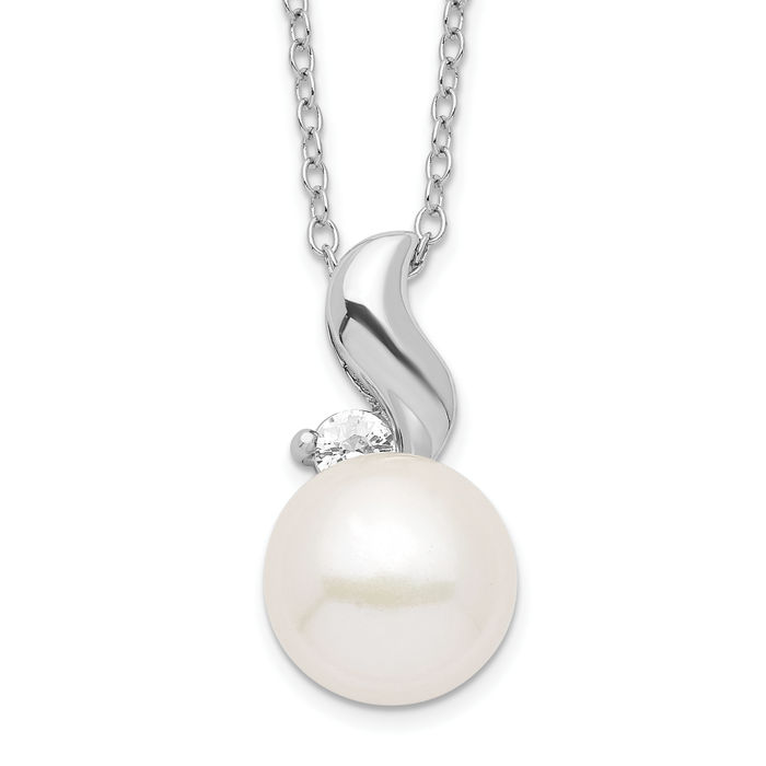 925 Sterling Silver 9mm White Button Freshwater Cultured Pearl Cubic Zirconia CZ Necklace Chain