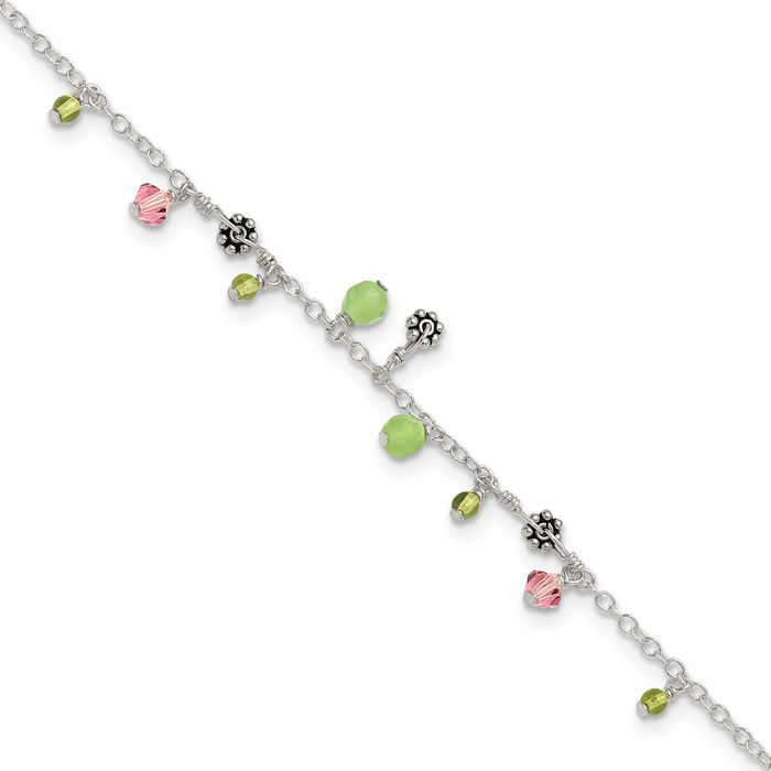 925 Sterling Silver Pink Rhinestone Crystals Green Quartz Peridot Beads Anklet Summer Beach Foot Ankle Bracelet