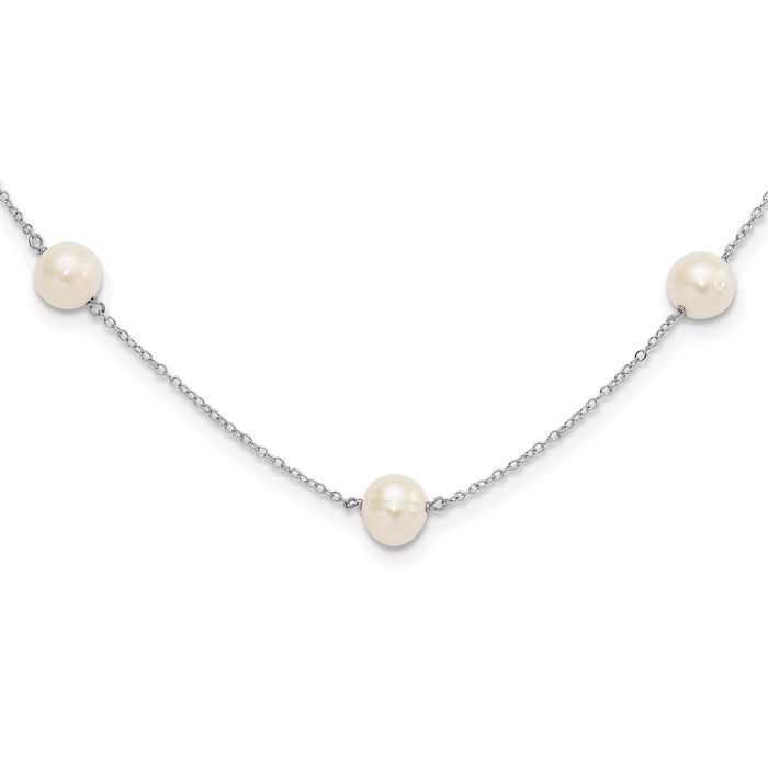 925 Sterling Silver 7mm White Near Round Freshwater Cultured Pearl 9 Station Necklace Chain