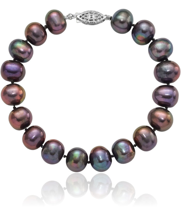 925 Sterling Silver 9mm Black Near Round Freshwater Cultured Pearl Chain Bracelet