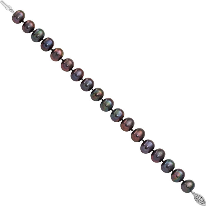 925 Sterling Silver 9mm Black Near Round Freshwater Cultured Pearl Chain Bracelet