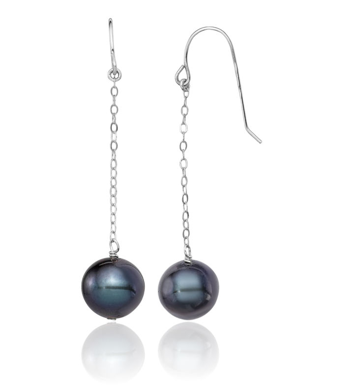 925 Sterling Silver 9mm Black Round Freshwater Cultured Pearl Drop Dangle Earrings