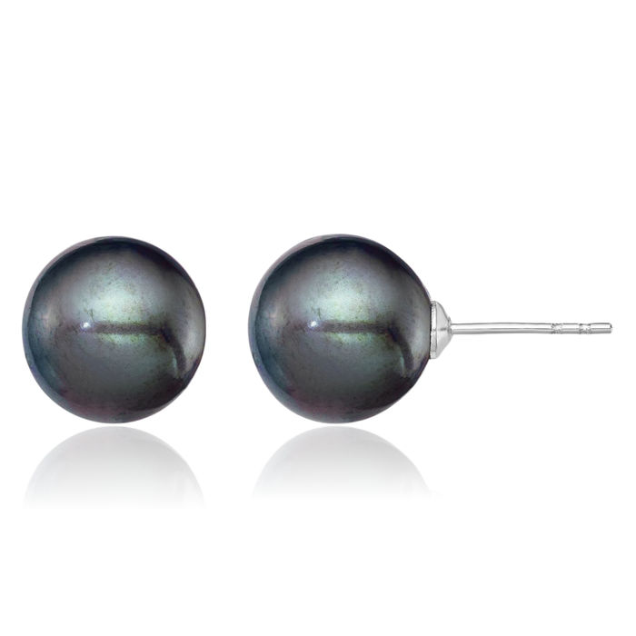 925 Sterling Silver 9mm Black Round Freshwater Cultured Pearl Stud Earrings