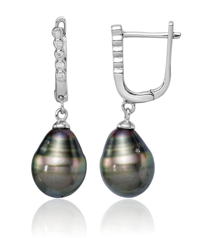 925 Sterling Silver 9mm Black Teardrop Tahitian Saltwater Cultured Pearl Cubic Zirconia CZ Drop Dangle Earrings