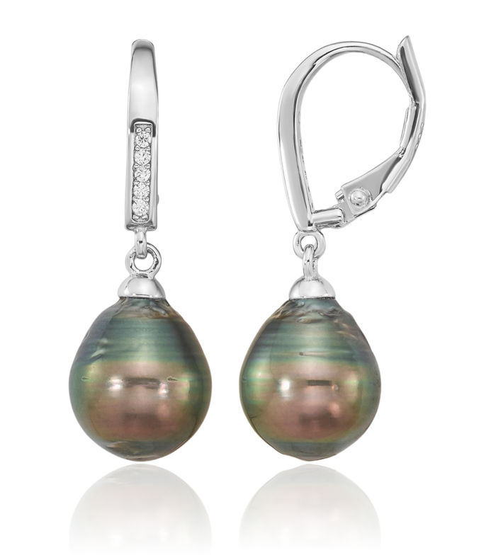 925 Sterling Silver 9mm Black Teardrop Tahitian Saltwater Cultured Pearl Cubic Zirconia CZ Drop Dangle Earrings