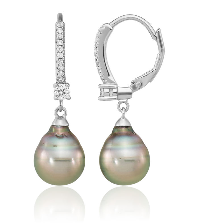 925 Sterling Silver 9mm Black Teardrop Tahitian Saltwater Cultured Pearl Cubic Zirconia CZ Drop Dangle Earrings