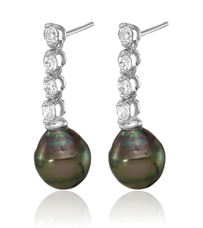 925 Sterling Silver 9mm Black Teardrop Tahitian Saltwater Cultured Pearl Cubic Zirconia CZ Post Drop Dangle Earrings