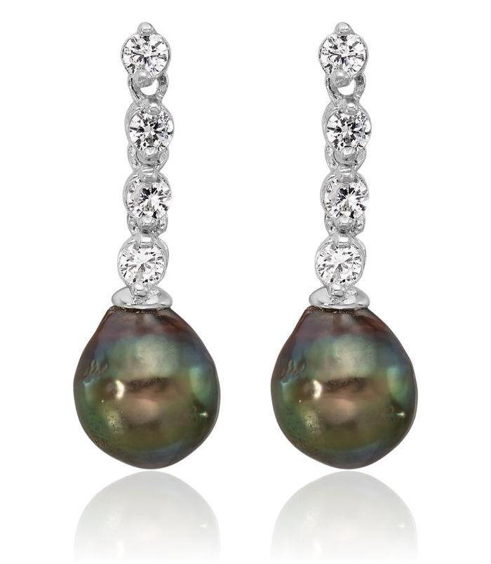 925 Sterling Silver 9mm Black Teardrop Tahitian Saltwater Cultured Pearl Cubic Zirconia CZ Post Drop Dangle Earrings