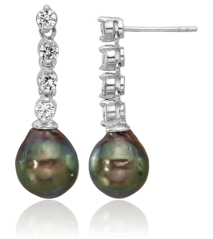 925 Sterling Silver 9mm Black Teardrop Tahitian Saltwater Cultured Pearl Cubic Zirconia CZ Post Drop Dangle Earrings