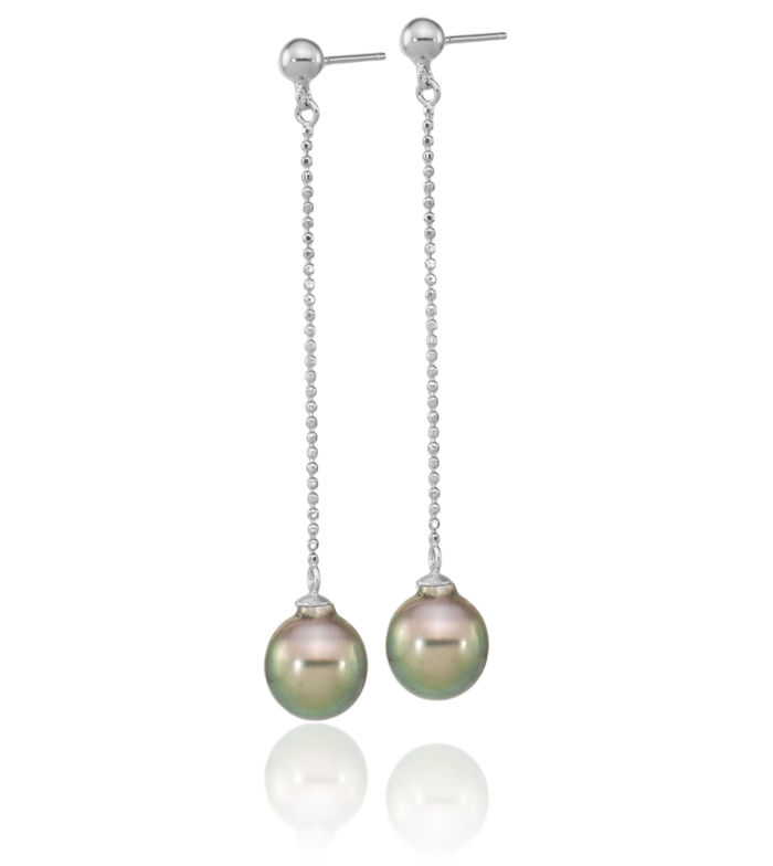 925 Sterling Silver 9mm Black Teardrop Tahitian Saltwater Cultured Pearl Post Drop Dangle Earrings