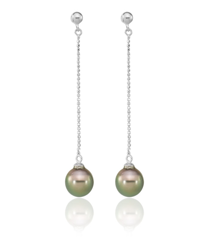 925 Sterling Silver 9mm Black Teardrop Tahitian Saltwater Cultured Pearl Post Drop Dangle Earrings