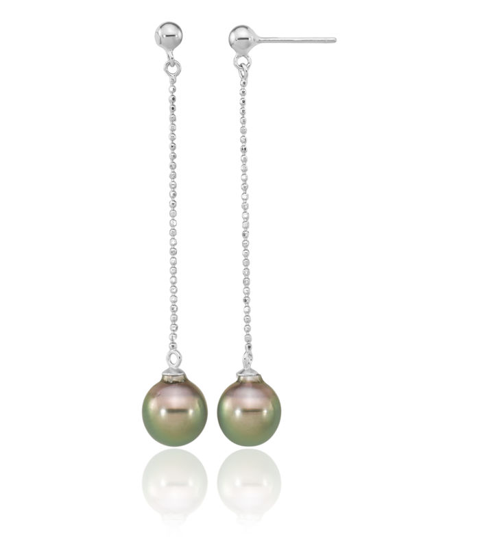 925 Sterling Silver 9mm Black Teardrop Tahitian Saltwater Cultured Pearl Post Drop Dangle Earrings